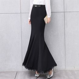 Long Skirt Women Fish Tail Black With Belt Ankle-Length Lace Embroidery Mermaid Trumpet Empire High Waist Stretchy B92792 210421