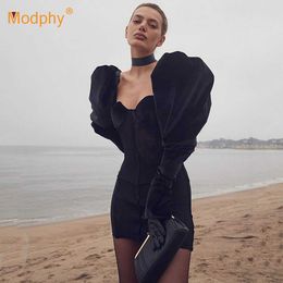 Spring Women's Black Sexy Velvet Lantern Long Sleeve Mesh Patchwork Bodycon Dress Vestidos Club Evening Party 210527