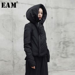 [EAM] Hooded Thickening Black Short Cotton-padded Coat Long Sleeve Loose Fit Women Parkas Fashion Spring Autumn JI08 211018