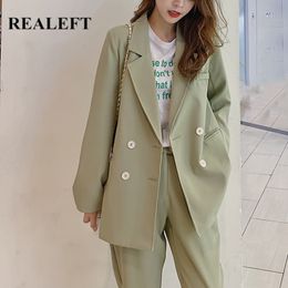 Autumn Winter Green Women's Pant Suits Double Breasted Notched Blazer & Office Wear Suit Female Set 210428