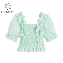 Women's Tree Fungus Folds Cotton Sweet Style Blouse Summer Elegant Elastic Tight Slim Chic Ladies Shirt Crop Tops 210515
