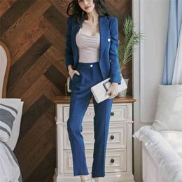 Autumn Korean OL Business 2 Piece Sets Womens Outfits Double Breasted Blazer Coat & Long Pants Suits Female Two Set 210514