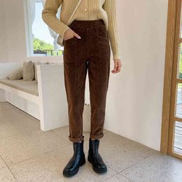 Solid Warm Chic Corduroy All Match Femme Elastic-Waist Loose Plus Size Straight Wide Pants Stylish Trousers 210421