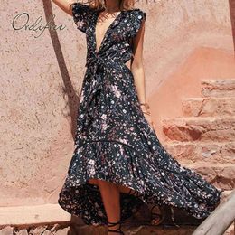 Summer Boho Women Floral Maxi Deep V Neck Vintage Print Long Tunic Beach Dress Vacation 210415