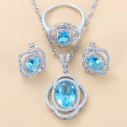 Charm Sky Blue Zircon Silver Colour Hollow Jewellery Sets For Women Costume 12-Color Sets H1022