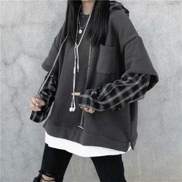 Deeptown Striped Sweatshirt for Women Black Gothic Style Hoodie Patchwork Grunge Long Sleeve Plaid Pullovers Korean Fashion 211104