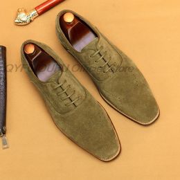 Luxury Genuine Leather Suede Shoes Men Square Head Lace-Up Oxford Dress Brogues Italian Brand Wedding Business Shoes Brown
