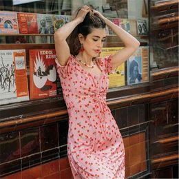 Foridol Cherry Print Satin Dress Summer Lace Up Vintage Maxi Pink Dress Long Women Elegant A-line Retro Fruit Print Dress 210415