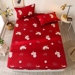 Bonenjoy 3 pcs Bed Sheets and Pillowcase Red Color Flower Printed Fitted Sheet with Elastic drap de lit Bed Fitted Sheet 210626