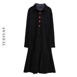 Yedinas Japanese Style Black Maxi Dress Long Sleeve Chic Button Ladies Elegant Large Dresses Party Vestidos Plus Size 4XL 210527