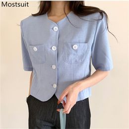 Summer Korean Fashion Women Jacket Short Sleeve V-neck Single Breasted Pockets Tops Coat Casual Solid Ladies Outwear 210513