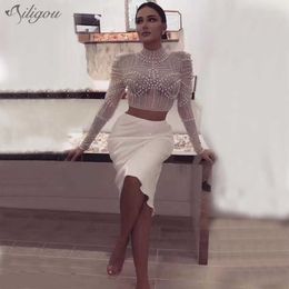 Summer Women's 2-Piece Two-piece Mesh Beaded Top + Pencil Skirt Female Bandage Sexy Celebrity Party Set 210527