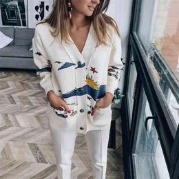 Autumn White Cotton Knitted Cardigan Sweater Women Coat Print V-neck Pockets Female Jumpers Casaul Buttons Women Tops 210415