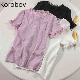 Korobov Summer New Lace Patchwork Knitted Women Blouses Vintage Solid Slim Female Shirts O Neck Short Sleeve Blusas Mujer 210430