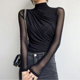 Turtleneck Solid Basic Women Autumn Pleated Brief Tops Full Sleeves Plus Size Female All Match Lace T-Shirts 210421
