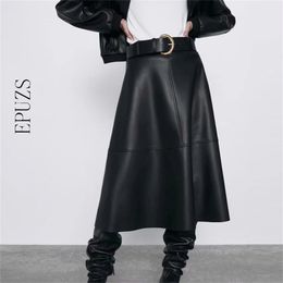 Vintage belt PU leather skirts womens high waist midi Streetwear casual office pleated black full winter 210521