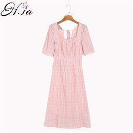 H.SA Summer Pink Dress For Women Short Sleeve Drapped Dresses Backless Bow Tied Cascading Ruffle Long Vestidos Cute Robe 210417