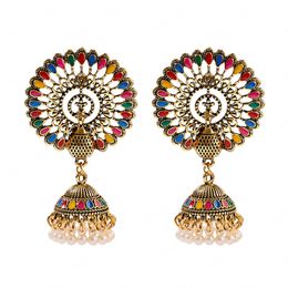 Ethnic Big Round Peacock Indian Antique Jhumka Dangle Earring Women Vintage Bohemian Retro Pearl Tassel Bell Tibetan Earrings
