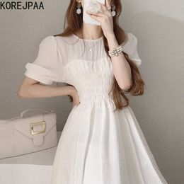 Korejpaa Women Dress Summer Gentle Sweet Round Neck Micro-Penetration Stitching Pleated Solid Color Puff Sleeve Vestidos 210526