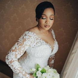 2021 Plus Size Arabic Aso Ebi Lace Beaded Mermaid Wedding Gowns Sheer Neck Long Sleeves Vintage Bridal Dresses ZJ566300i