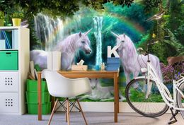 Photo Wallpaper Green forest rainbow meadow white horse child room background papel de parede 3d wallpaper papel
