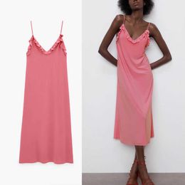 Za Pink Adjustable Spaghetti Straps Ruffle Dress Women Sleeveless Backless Sexy Party Dresses Woman Chic Summer Dress 210602