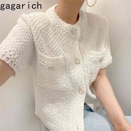 Gagarich Women Sweater Summer Korean Chic Simple Round Neck Single-Breasted Design Loose Solid Colour Short-Sleeved Cardigan 210806