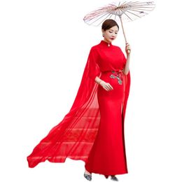 Stage Wear Dance Costume Women's Performance clothing stand collar tang suit summer Ethnic Dress with shawl elegant festival apparel