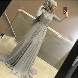 2022 Muslim Evening Dresses Gray Chiffon Long Sleeve Appliques Beaded Tassel Abaya Kaftan Dubai Prom Gowns