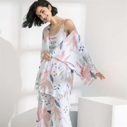 JULY'S S SONG 3 Pcs Women Pajamas Set Female Pyjama Loose Viscose Floral Printed Sleepwear Star Nightwear Spring Summer Robe 210928