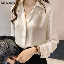 Spring Plus Size White Chiffon Blouse Women Loose Turn-down Collar Solid Blouses Casual Long Sleeve Shirt Tops 1181 210512