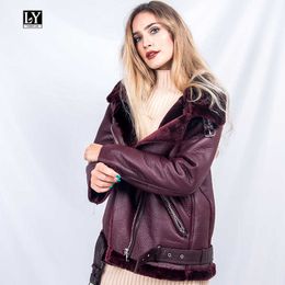 Ly Varey Lin Winter Women Faux Lamb Leather Jacket Female Warm Thick Suede Lambs Wool Fur Collar Coats 210526