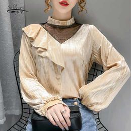 Autumn Long Sleeve Apricot Gold Velvet Shirt Top Ruffle V-shaped Mesh Stitching Elegant Lace Bottoming Blouse Women 12056 210508