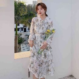 Women Chiffon Dress Vintage Floral Print Long Sleeve Ruffles A-line Elastic Waist Female Boho Vestidos Spring Summer 210423