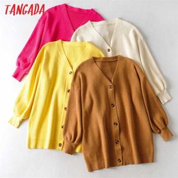 Tangada Women Oversized Thick Loose Knitted Cardigan Sweater Vintage Long Sleeve Button-up Female Outerwear Chic Tops AI01 211018