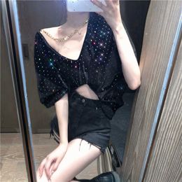 Tops & Tees Summer Loose V Neck Short Sleeve Black Sequins Woman Tshirts Chain Beading Sexy Hollow Out Casual Street Wild 210610