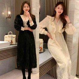 Sexy lace Long korean ladies Sleeve V neck loose club Office Party Maxi Dress for women china clothing 210602