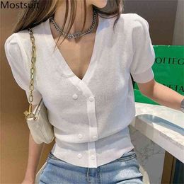 Summer Double Breasted Knitted Cardigan Tops Women Short Sleeve V-neck Sweater Elegant Korean Fashion Ladies Jumpers Femme 210513