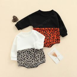 Baby Girl Casual Long Sleeve Romper Fashion Leopard Stitching Round Neck Triangle Jumpsuits White/Red 0-24 Months