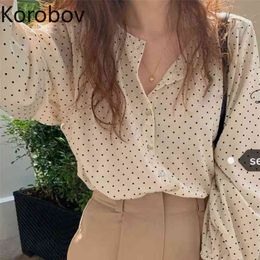 Korobov Korean Chic O Neck Long Sleeve Shirt Elegant Dot Patchwork Pullover Blusas Retro Print Holiday Ol Blusas 210430