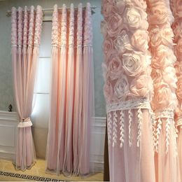 Pastoral Korean Pink Lace 3D Rose Curtains Princess Style Double Layer Blackout For Girl's Bedroom Living Room Curtain & Drapes