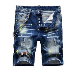 Men Painted Denim Shorts Jeans Summer Pocket Big Size Casual Distressed Holes Slim fit Men's Short Pants Trousers DY1112