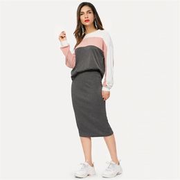 Summer Womens Two Pieces Long-sleeved Sweatshirt Grey Patchwork Stretch Knit Sweater High Elastic Skirt Casual Sports Suits 211106