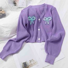 Spring Autumn Short Cardigan Women Sexy V Neck Single Breasted Bow Sequin Embroidery Sweaters Ladies Knitted Purple Crop Sweater 210525