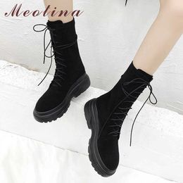 Meotina Winter Motorcycle Boots Women Natural Genuine Leather Flat Platform Mid Calf Boots Round Toe Shoes Female Autumn Size 39 210608