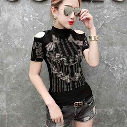 summer Casual T-shirt Fashion Craft diamond-studded sexy Short sleeve O-neck Top Women T Shirt Plus Size M-3XL 210507