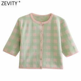 Zevity Women Vintage O Neck Plaid Print Short Knitting Sweater Female Chic Single Breasted Summer Thin Cardigans Tops S717 210603