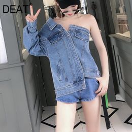 summer fashion women clothes boat neck single sleeves one button washed denim jacket female high street WG83205L 210421