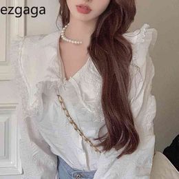 Ezgaga Sweet Korean Fashion Women Blouse Peter Pan Collar Lace Patchwork Spring Chic Loose Solid Female Shirts All-Match 210430