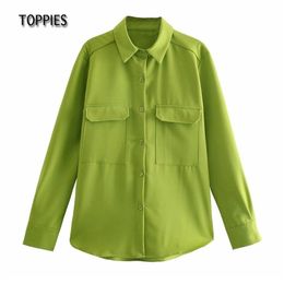 Green Shirts Woman Loose Oversized Double Pockets Solid Color White Pink Blouses Tops 210421